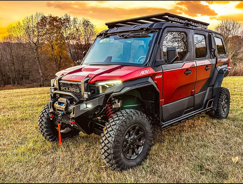 Pre-cut Polaris Xpedition ADV5 tint kit — all pieces laid out, 4-door