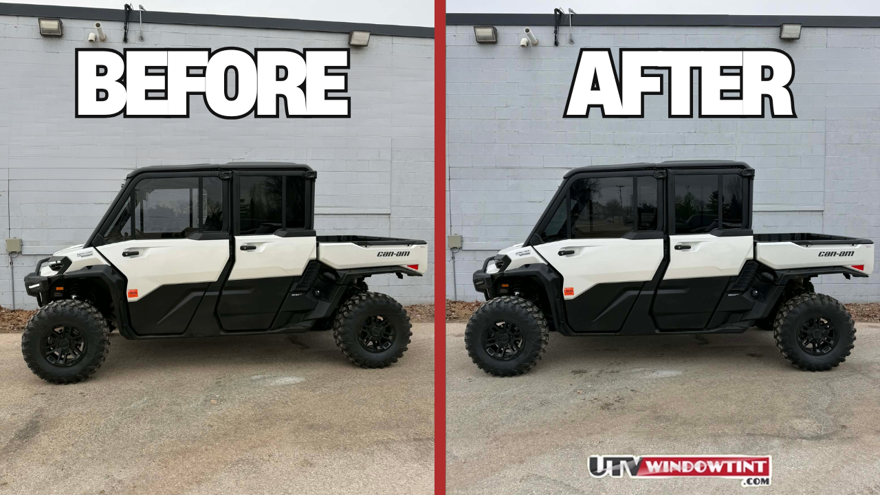 2025 Can-Am Defender Crew front match tint kit — installed on 4-door UTV