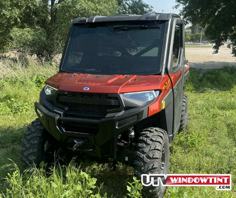 Polaris Ranger 1000 XP window tint — rear three-quarter installed view