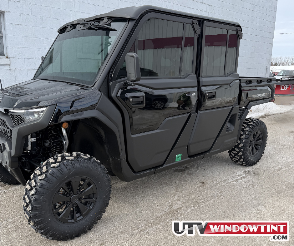 CFMOTO UTV windshield banner tint installed — top strip coverage