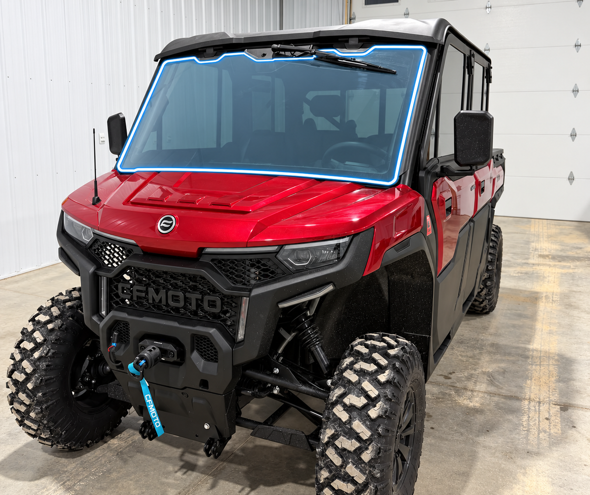 CFMOTO UForce U10 XL Pro Highland with pre-cut windshield protection film, coverage area outlined in blue