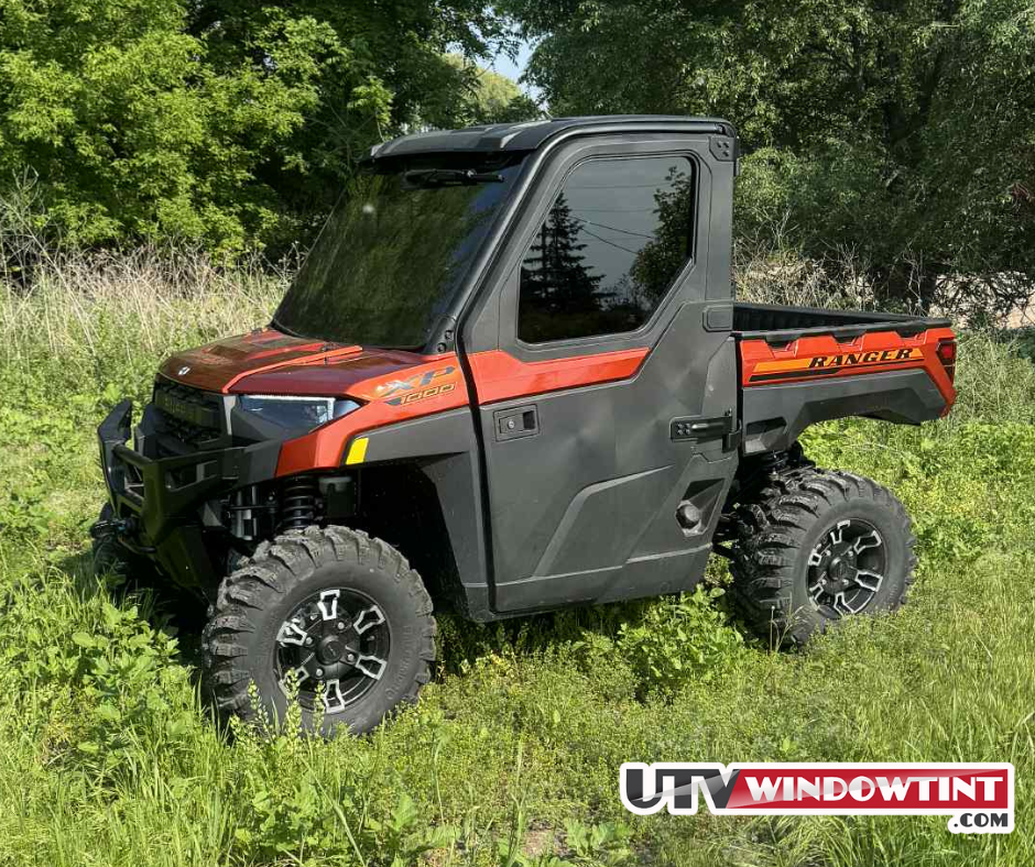 Pre-cut Polaris Ranger 1000 XP tint kit — all pieces laid out, 2-door