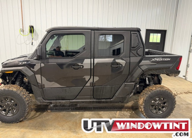 Side angle view of ceramic window tint on a Polaris Xpedition XP5 UTV 